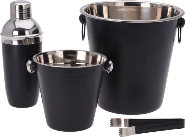 Koopman Cocktail-Set Barset Flaschenkühler Schwarz Set 4 Tlg, (4-tlg), Shaker, Flaschenkühler, Eiseimer + Zange, Barzubehör