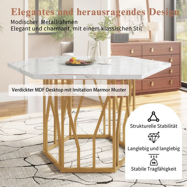 Esstisch mit Marmoreffekt & Metallgestell, 115,5x100x75 cm, Weiß/Goldfarben