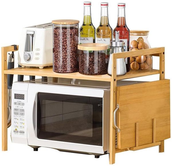 TUWENA Regalelement Bamboo Mikrowellen Regal mit Schneidebrettständer und 4 Hacken, Höhenverstellbar Mikrowellenständer für Arbeitsplatte
