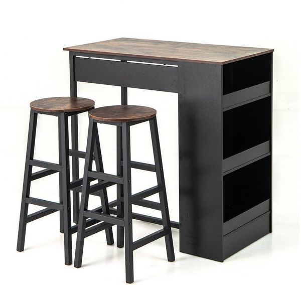 COSTWAY Bartisch (3-St), mit 2 Barhocker Set, 2 Personen, mit Stauraum