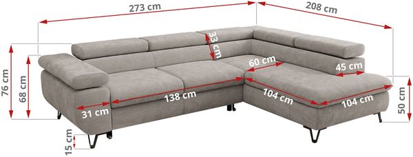 MKS Möbel 'Pablo L-Form' Ecksofa mit Schlaffunktion, verstellbare Kopfstützen, Hellgrau, Schenille glatt, T25 Topper, Rechts Bild 6
