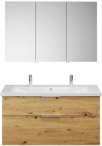 Burgbad EQIO Waschtisch Set mit Spiegelschrank 123 cm breit, Braun, Doppelwaschbecken Keramik Weiß, 3-türig Anschlag rechts