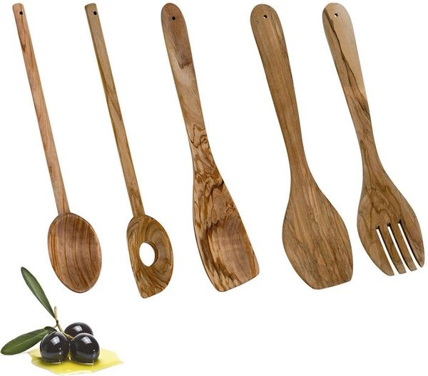 Metaltex Kochbesteck-Set (Set, 5-tlg, 2 Kochlöffel, 1 Pfannenwender, 2tlg. Salatbesteck), Olivenholz