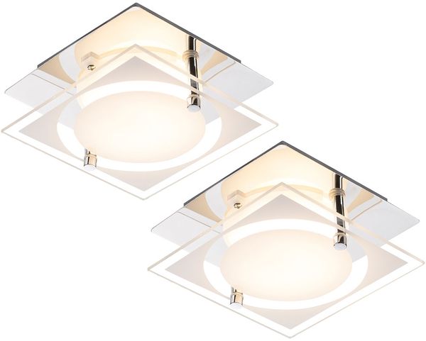 2x LED Deckenleuchte, Chrom, Glas satiniert, Quadrat, L 12 cm