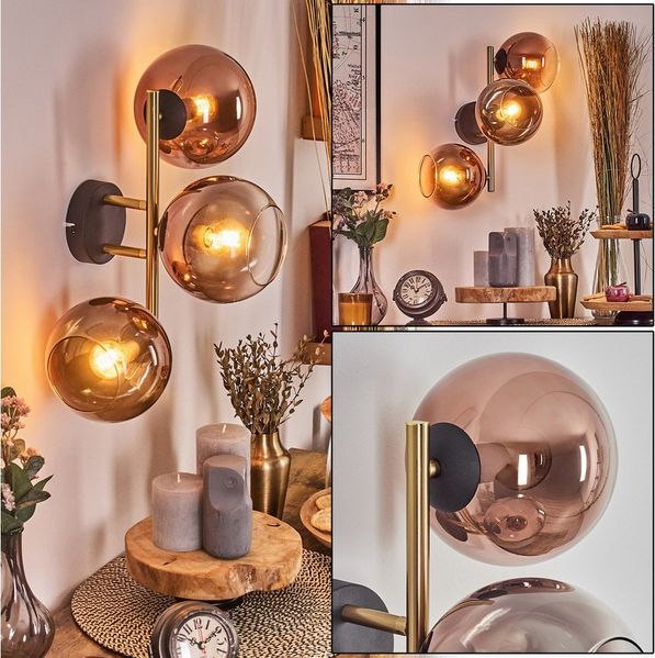 hofstein Wandleuchte Wandlampe aus Metall/Glas in Schwarz/Gold-/Kupferfarben/Klar, moderne Wandleuchte im Retro/Vintage-Design (Schirme 15 cm), E14