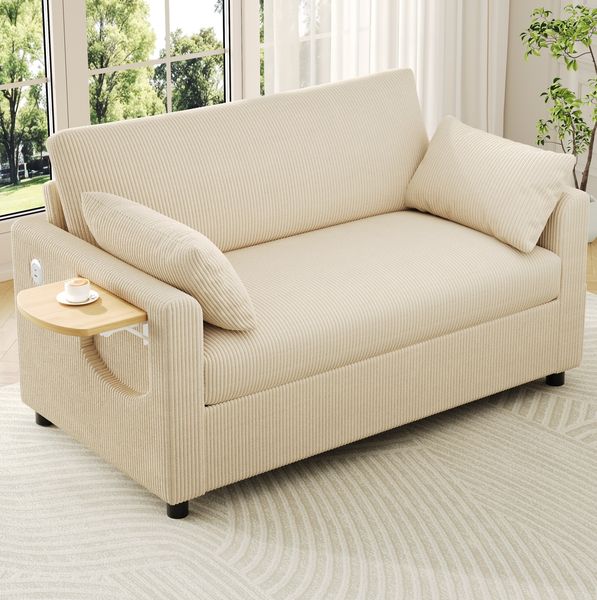 Schlafsofa 134 x 82 x 84 cm mit Ausziehfunktion, Matratze, USB/USB-C und klappbarem Seitentisch