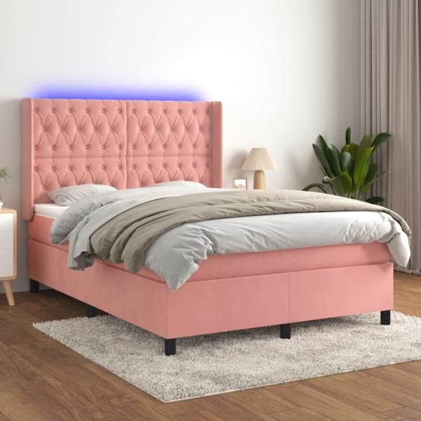 vidaXL Boxspringbett mit Matratze & LED Rosa 140x190 cm Samt 3139744