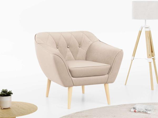 Sofa, Skandinavischer Stil, Holzbeine - PIRS - 1 Sitzer - Beige - Velours