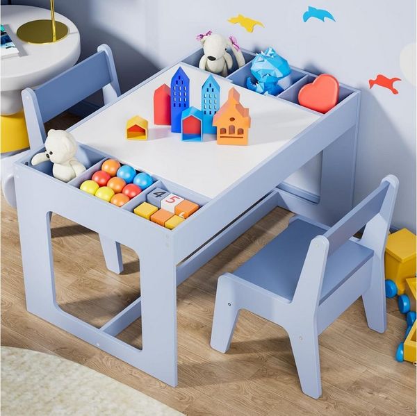 TLGREEN Kindertisch mit 2 Stühlen, Kindersitzgruppe (Kinder Tisch Stuhl Set mit wendbarer Tischplatte, 80 x 48 x 48 cm), Kinderschreibtisch für Schule, Kindertagesstätte, Kinderzimmer
