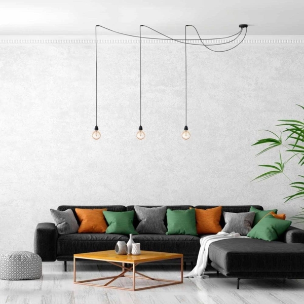 HOOPZI - Pendelleuchte - Hang 3 Flammig - 2,5m Textilkabel Seil - 3 X E27 Fassung - Vintage Retro schwarz Bild 2