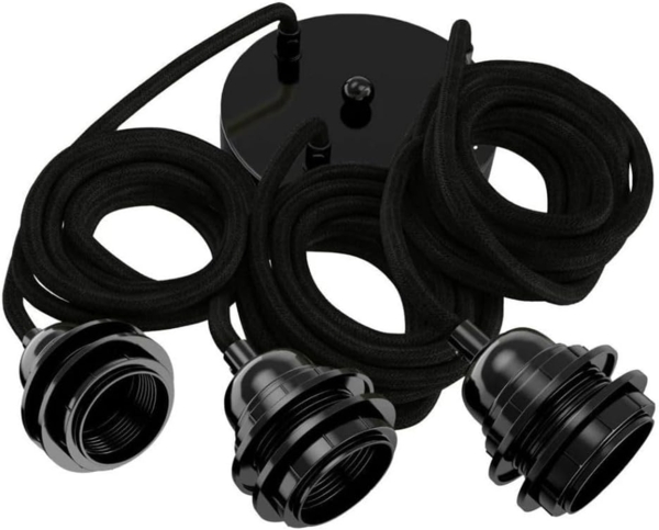 HOOPZI - Pendelleuchte - Hang 3 Flammig - 2,5m Textilkabel Seil - 3 X E27 Fassung - Vintage Retro schwarz Bild 1