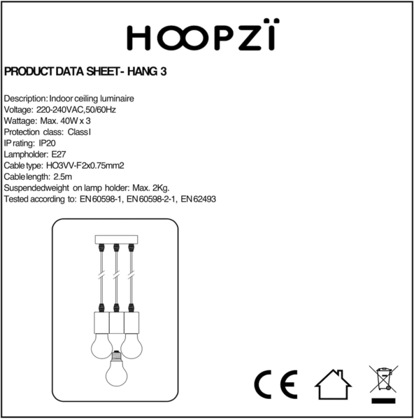 HOOPZI - Pendelleuchte - Hang 3 Flammig - 2,5m Textilkabel Seil - 3 X E27 Fassung - Vintage Retro schwarz Bild 7