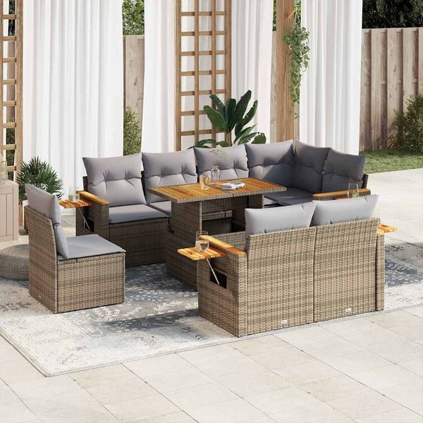 vidaXL 9-tlg. Garten-Sofagarnitur mit Kissen Beige Poly Rattan Akazie 3327615