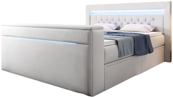 Boxspringbett Jupiter mit TV Lift, RGB und Stauraum 180x200 Weiß H3 (70-100kg)