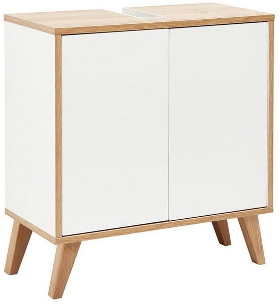 FACKELMANN FINN Waschbeckenunterschrank 60 cm breit, Weiß/Braun hell + Holzfüße