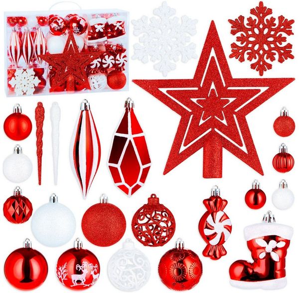 BRUBAKER Weihnachtsbaumkugel XXL Weihnachtskugel Set - Premium Christbaumschmuck (128 St), Baumschmuck mit Glitzer Kugeln, Figur Anhängern und Baumspitze Stern