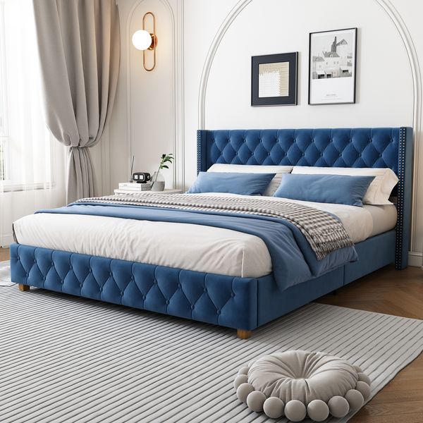 Polsterbett 160×200 cm aus Samt-Stoff mit Lattenrost, blau