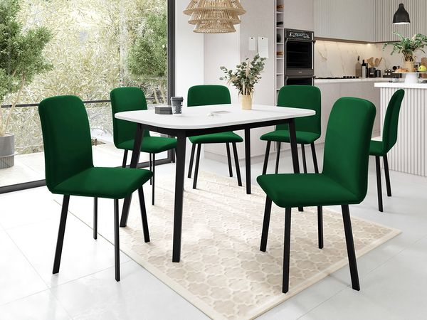 Essgruppe ML02, Rechteckiger ausziehbarer Esstisch Drota S mit 6 Stühlen Lanoi (Farbe: Amor Velvet 4311, Weiß/Schwarz)