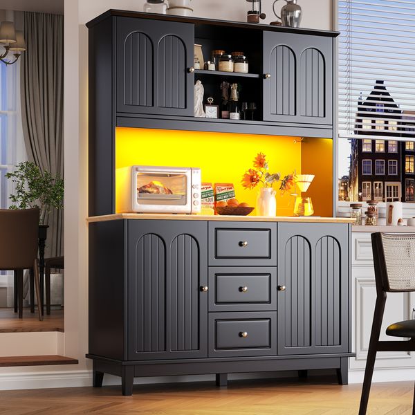 Hochschrank mit LED-Beleuchtung und App-Steuerung (120×40×180 cm), moderner Wohnzimmerschrank mit 4 Türen und 3 Schubladen, Küchenvitrine mit Musik-Lichtfunktion und Kippschutz