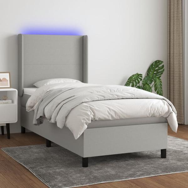 vidaXL Boxspringbett mit Matratze & LED Hellgrau 100x200 cm Stoff 3138133