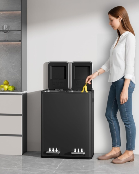 Mülleimer Küche, Mülltrennsystem 2 Fächer 60L (2 x 30 L), Edelstahl-küchenmülleimer, Tretmülleimer, Abfalleimer Ruhiger Langsamer Abstieg, mit 15 exklusiven Abfallbeuteln, Schwarz