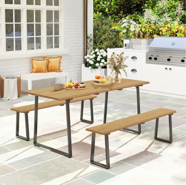 Outsunny Garten-Essgruppe für 6 Personen, mit 2 Bänke, Schirmloch, Holztisch, (3-teilig Sitzgruppe, 3-tlg, Esstisch aus Holz), für Terrasse, Balkon Naturholz