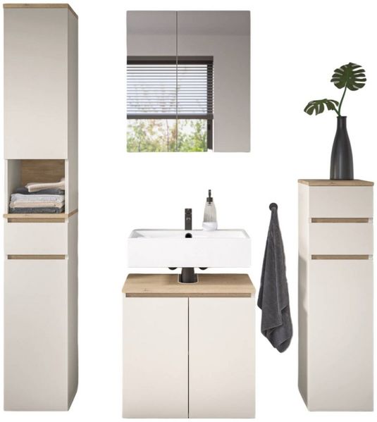 moebel-dich-auf Badmöbel-Set LONDRES, (Set 1, 4-St, Hochschrank, Spiegelschrank, Wbu, Kommode), in kaschmir oder anthrazit, Absetzung: Cremona Eiche