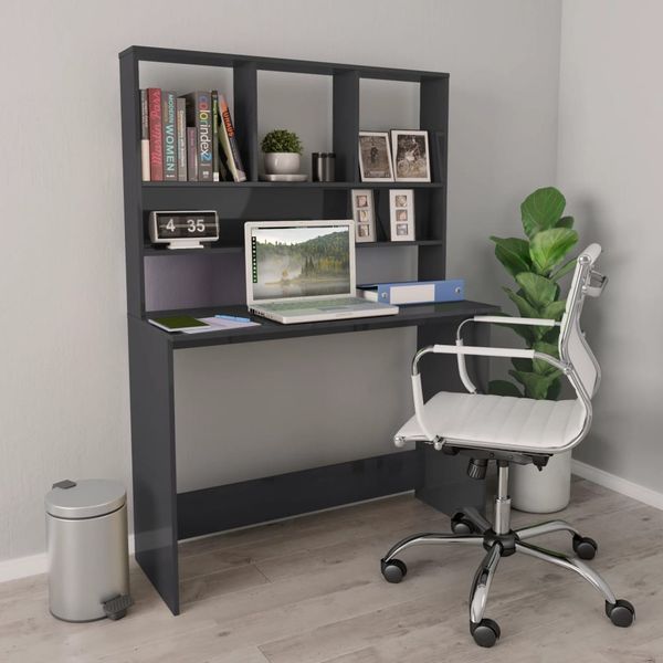 Schreibtisch mit Regalen, Spanplatte Hochglanz-Grau, 110 × 45 × 157 cm