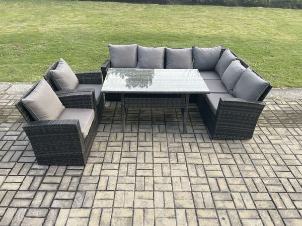 Fimous 8 Sitzer Garten Rattanmöbel Ecksofa Esstisch Sessel Set mit Vorgespanntes Glas und Kissen