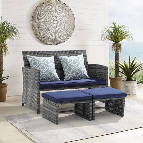 Sunsitt Gartenbank Outdoor Loveseat (3-tlg Terrassenmöbel-Set, Allwetter Rattan Gartenbank mit 2 Hocker), Grau Rattan&Grau Kissen