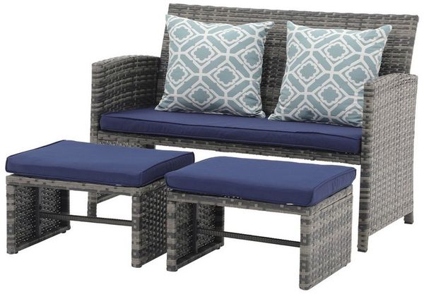 JOIVI Gartenbank Outdoor Loveseat (3-tlg Terrassenmöbel-Set, Allwetter Rattan Gartenbank mit 2 Hocker), Grau Rattan&Grau Kissen