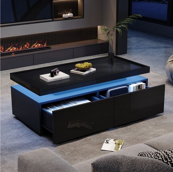 KLAM HOME Couchtisch 95*45*35cm Wohnzimmertisch mit LED, kaffeetisch mit 2 Schubladen (Hochglanz Sofatisch, moderner minimalistischer Tisch), Beistelltisch mit geometrischem Design