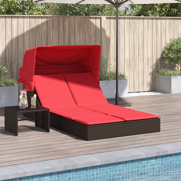 Doppelte Sonnenliege, Gartenliege mit Baldachin und Kissen, braun, Polyrattan