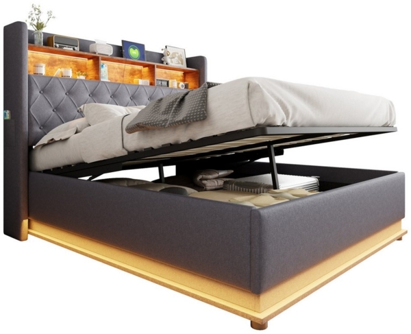 OKWISH Polsterbett Funktionsbett,Stauraumbett,Doppelbett,Gästebett (Luxuriöses LED-Polsterbett,mit USB-Ladeanschluss und hydraulischem Stauraum, 160 x 200 cm), ohne Matratze