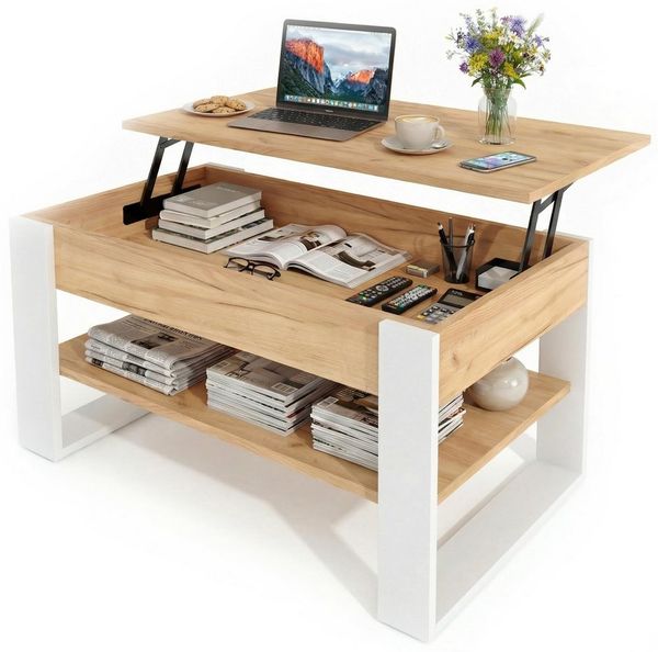 TREND WERK Couchtisch Lift-Couchtisch höhenverstellbar Sofatisch 92×54 cm mit Stauraum, verstecktem Fach Wohnzimmertisch Holz modern