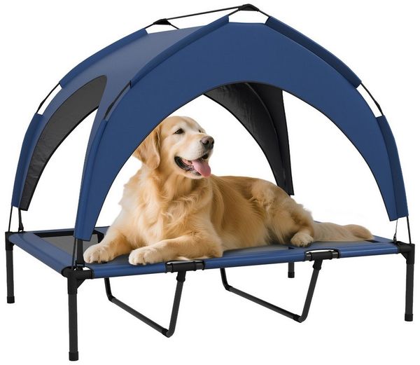 PawHut Tierbett Erhöhtes Hundebett mit Baldachin, Outdoor Hundeliege mit Dach, Oxford, Taftstoff, für große Hunde Dunkelblau Oxford 106 x 76 x 94 cm