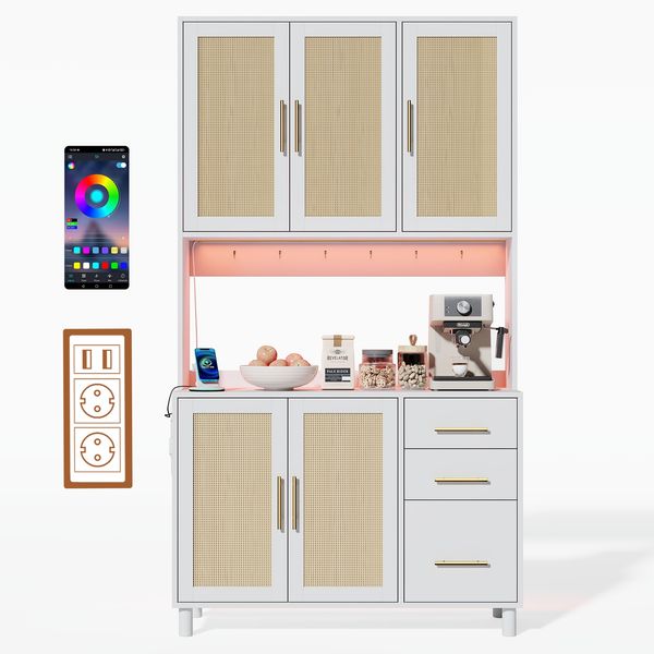 Merax 183cm Küchenanrichte, Buffet, App-gesteuerte LED-Deko-Lichter, 2 x USB, 2 x Steckdosen, verstellbare Einlegeböden, 3 Schubladen, Weiß Bild 10