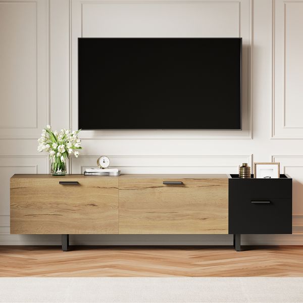 TV-Schrank 180x38x49 cm in Holzoptik Schwarz mit LED, offenen Fächern und Schubladen