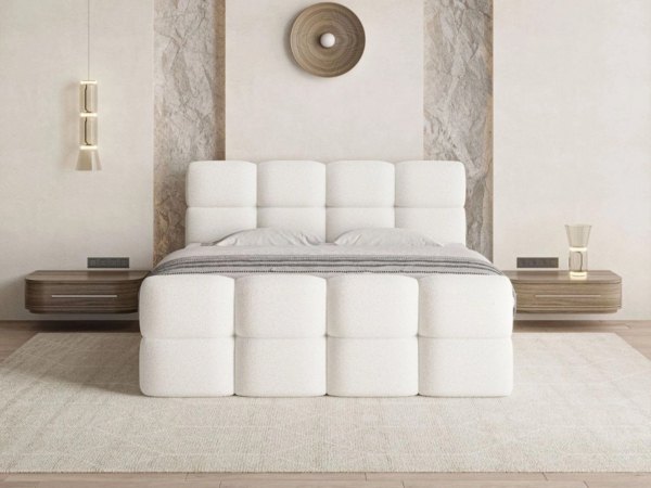 GrainGold Boxspringbett mit Bettkästen RIVON, Modern Bett mit Kopfteil - 160x200 cm, Creme (1x Bett + 1x Topper)