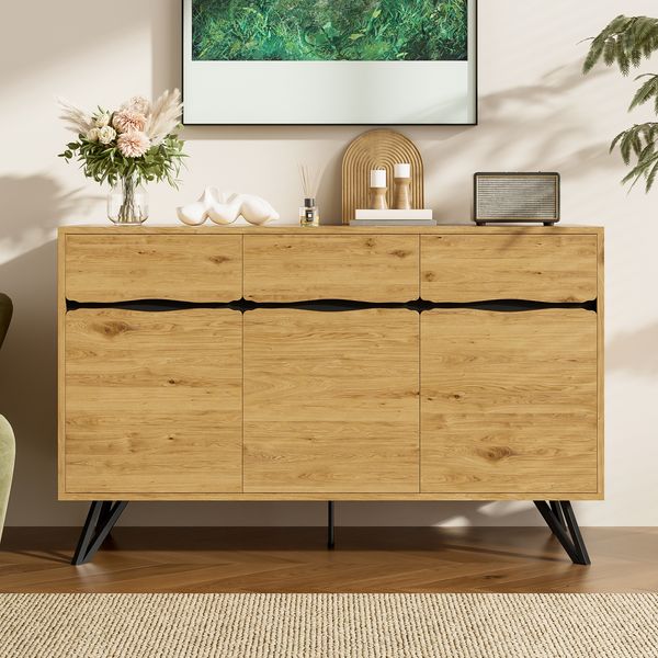 3-türiges Sideboard 140×40×75,5 cm, Holzoptik/Schwarz, Spanplatte mit Metalllbeinens, modernes Design, viel Stauraum