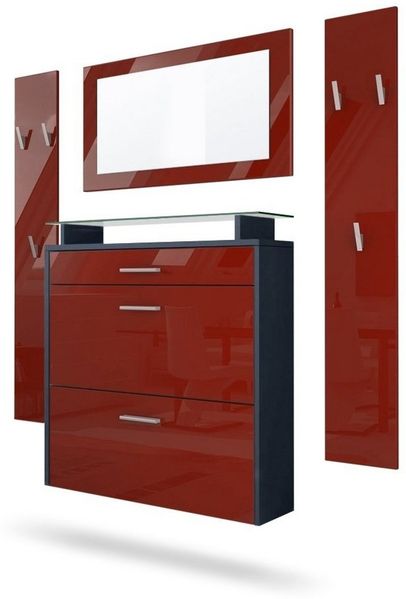 Vladon Garderobe Malea, Garderobenset bestehend aus 1 Hängeschuhschrank, 1 Wandspiegel und 2 Garderobenpaneele, Anthrazit matt/Bordeaux Hochglanz