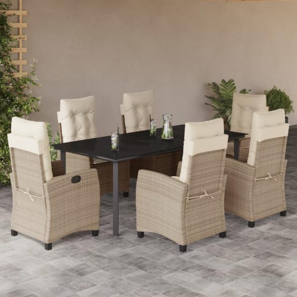 vidaXL 7-tlg. Garten-Essgruppe mit Kissen Beige Poly Rattan 3212819