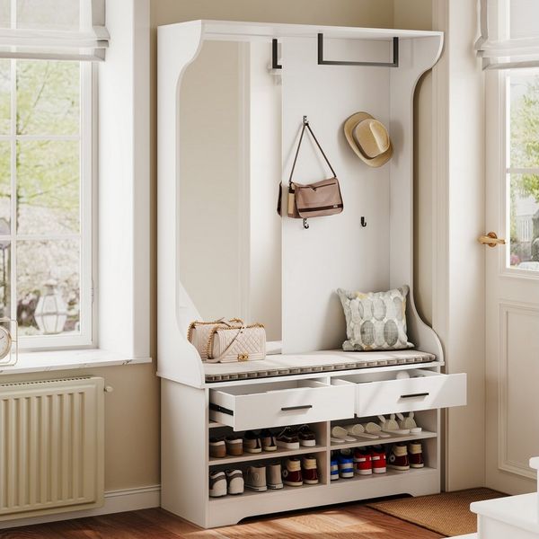 FUROKOY Kleiderständer Dielengarderobe, Wandgarderobe mit Spiegel, (Garderobenset mit Schuhschrank, 2 Schublade und Kleiderstange), für Flur, Wohnzimmer, Schlafzimmer, 104 x 35 x 180 cm, Weiß