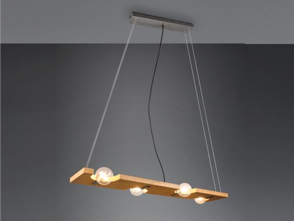 LED Balken Pendelleuchte 4 flammig Holzbrett naturbelassen, Breite 115cm