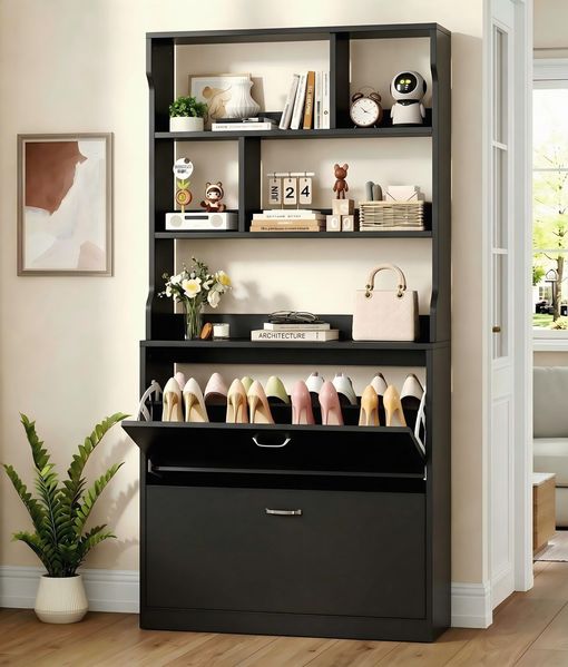IRONCK Schuhschrank 2 Klappen, Schuhkipper Schmal, Schuhregal offenes Fach, Hohe Schuhaufbewahrung Holz Schuhkommode mit verstellbaren Trennwände für Flur Eingang Wohnzimmer, 24 x 80 x 165 cm (Schwarz)