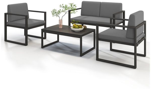 Melko Sitzgruppe Sitzgarnitur Aluminium Gartenset wetterfest Essgruppe Grau Lounge, (Set, 4-tlg, Möbelset bestehend aus 2er Sitzer Sofa, 2 Sessel und Beistelltisch), wasserabweisende Kissen mit Bändern zum Befestigen am Sessel