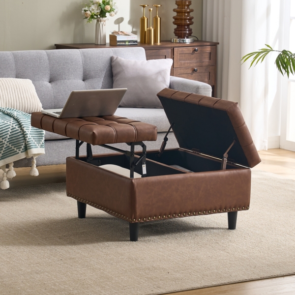 LVHOM Sitzbank mit Stauraum, Ottomane Leinen, Lift-Top - Fußhocker/Couchtisch, 130kg belastbar für Wohnzimmer/Büro/Schlafzimmer, 75x75x41cm, Braun