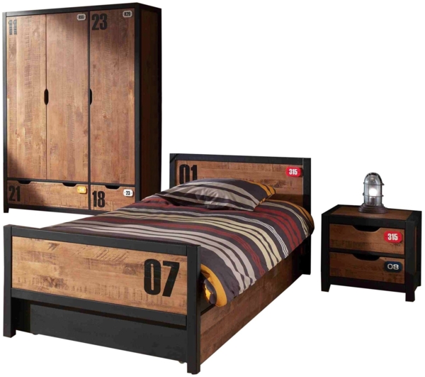 Kinderzimmer Set komplett Kameko 6 Massivholz+MDF Schwarz/Cognac