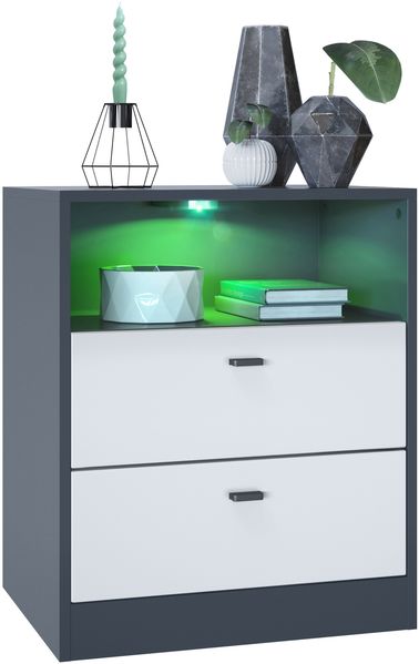 Vladon Kommode Pino V1, Nachttisch mit 2 Schubladen & 1 offenem Fach, Anthrazit matt/Weiß matt mit LED RGB (56 x 67,5 x 36 cm)