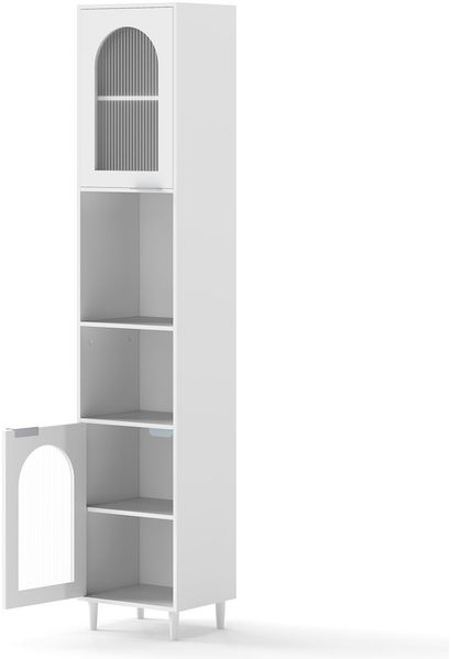 Hoher Badezimmerschrank schmaler Heimorganisator mit zwei geriffelten Glastüren freistehender schmaler Schrank Weiß
